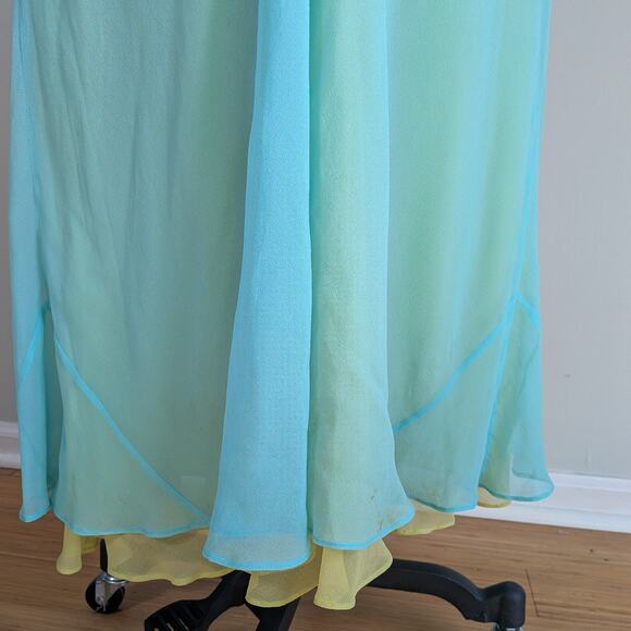 Vintage Prom Dress Maxi Gown 2P Blue Yellow Y2K Silk Fairy Babydoll Empire Split - Picture 6 of 12